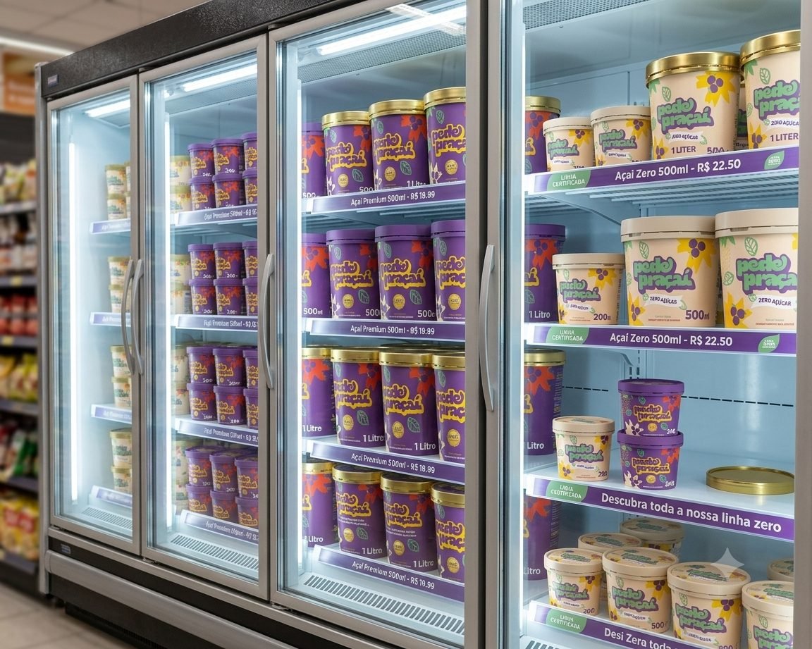 Freezer de ponto de venda abastecido com potes de açaí Pede Praçaí Premium e Zero nos tamanhos 240ml, 500ml e 1L
